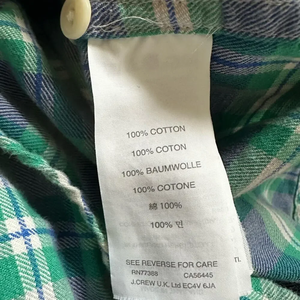 J. Crew Boy Shirt Green Blue Plaid Button Up Front Preppy Casual Western Farm